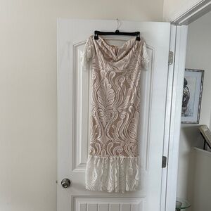 PrettyLittleThing Cream and Tan Lace Midi Dress
